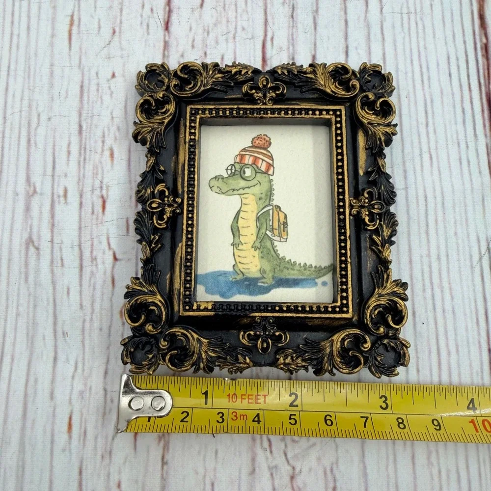 Ornate Miniature Crocodile Art Print Black Gold Resin Frame Whimsical Alligator